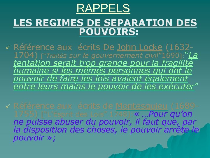 CHAPITRE II LE REGIME PRESIDENTIEL RAPPELS LES