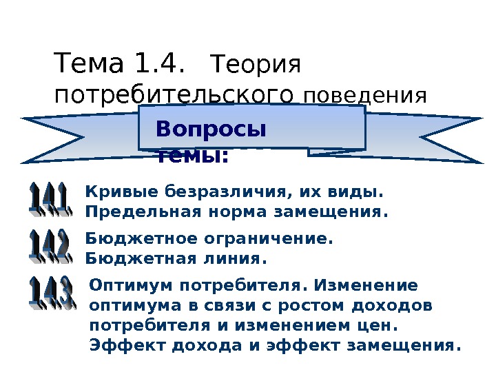   Тема 1. 4. Теория потребительского поведения Вопросы темы: Кривые безразличия, их виды.