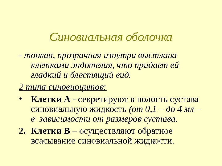  Синовиальная оболочка - тонкая, прозрачная изнутри выстлана клетками эндотелия, что придает ей гладкий