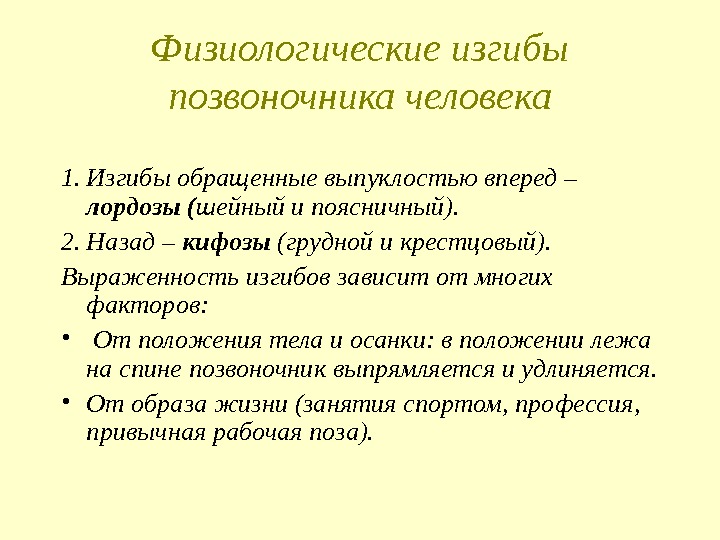 Физиологические изгибы позвоночника человека 1. Изгибы обращенные выпуклостью вперед – лордозы ( шейный и