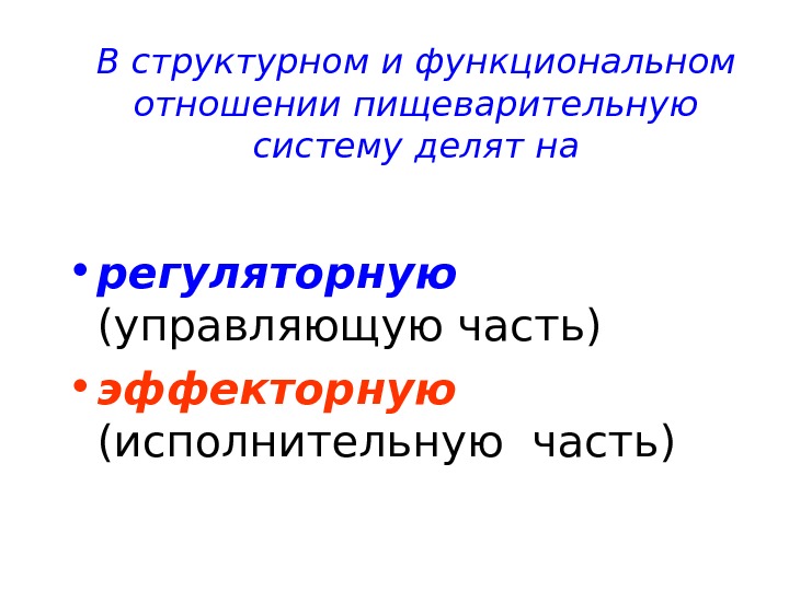 В структурном и функциональном отношении пищеварительную систему делят на • регуляторную  (управляющую часть)