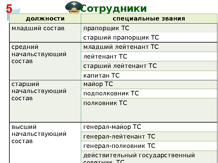 5 старший начальствующий состав майор ТС подполковник ТС высший начальствующий состав генерал-майор ТС генерал-лейтенант