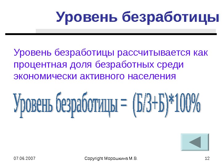 07. 06. 2007 Copyright Морошкина М. В. 12 Уровень безработицы рассчитывается как процентная доля