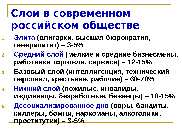   Слои в современном российском обществе 1. Элита (олигархи, высшая бюрократия,  генералитет)
