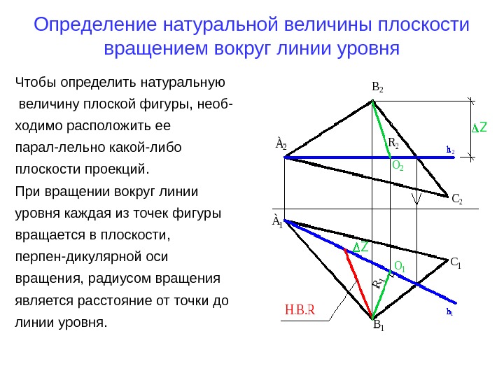   Определение натуральной величины плоскости вращением вокруг линии уровня Чтобы определить натуральную 