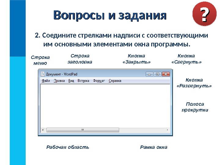 Вопросы и задания ? ? 2. Соедините стрелками надписи с соответствующими им основными элементами