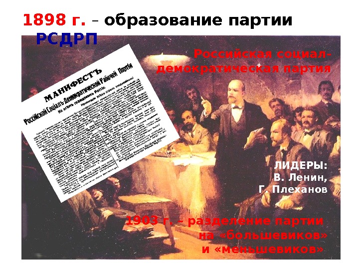 Российская социал- демократическая партия 1903 г. – разделение партии на «большевиков» и «меньшевиков» 