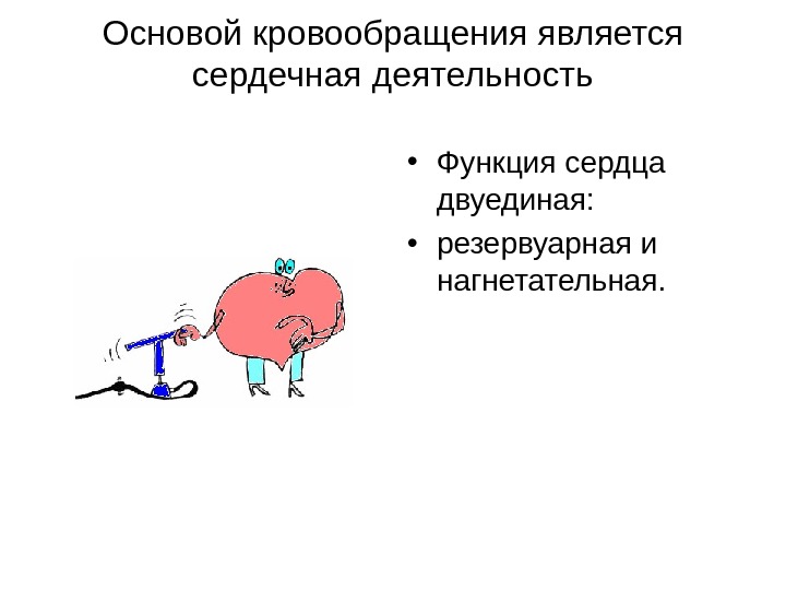 Основой кровообращения является сердечная деятельность • Функция сердца двуединая:  • резервуарная и нагнетательная.