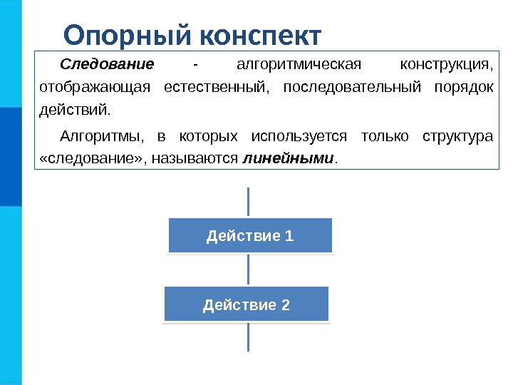 Опорный конспект Следование  - алгоритмическая конструкция,  отображающая естественный,  последовательный порядок действий.