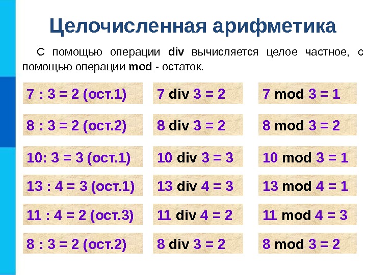 С помощью операции div  вычисляется целое частное,  с помощью операции mod -