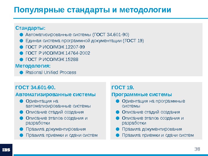 38 Популярные стандарты и методологии Стандарты: ● Автоматизированные системы (ГОСТ 34. 601 -90) ●