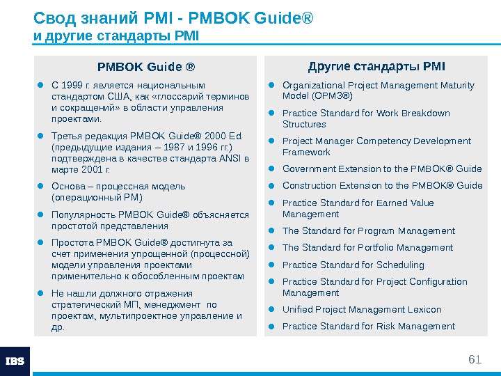 61 Свод знаний PMI - PMBOK Guide® и другие стандарты PMI PMBOK Guide ®
