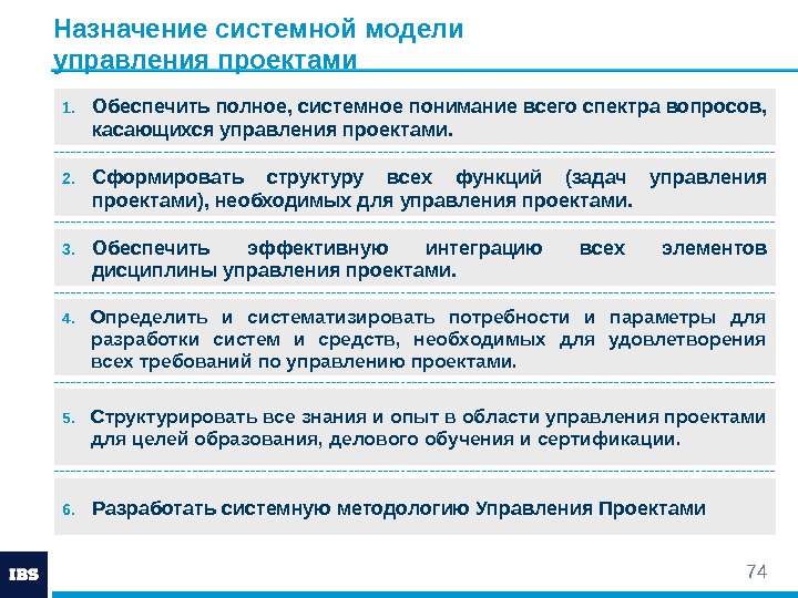 74 Назначение системной модели управления проектами 1. Обеспечить полное, системное понимание всего спектра вопросов,