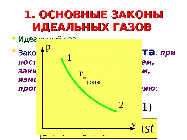   1. ОСНОВНЫЕ ЗАКОНЫ ИДЕАЛЬНЫХ ГАЗОВ • Идеальный газ • Закон Бойля —