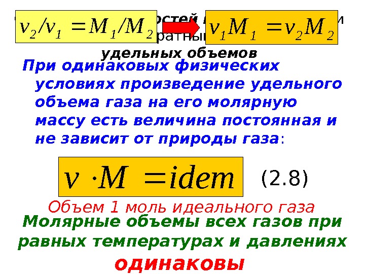   Отношение плотностей газов в уравнении (а) заменим обратным отношением удельных объемов При