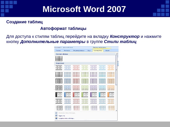 Microsoft  Word 2007 Создание таблиц  Автоформат таблицы Для доступа к стилям таблиц