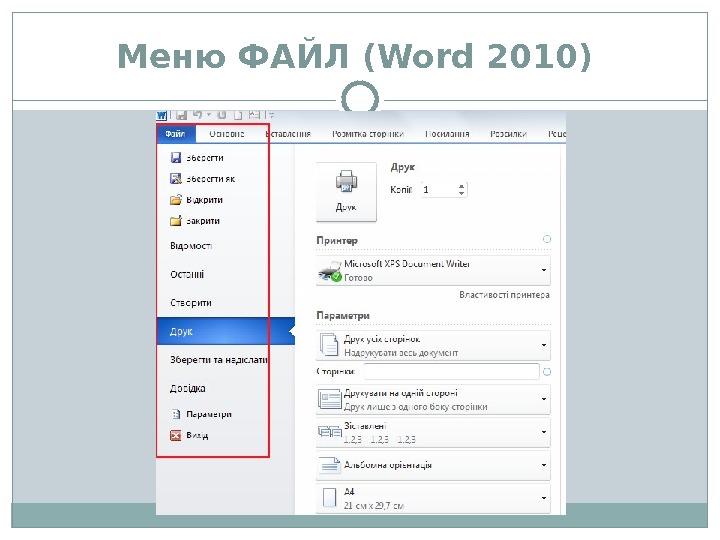 Меню. ФАЙЛ ( Word 2010)  