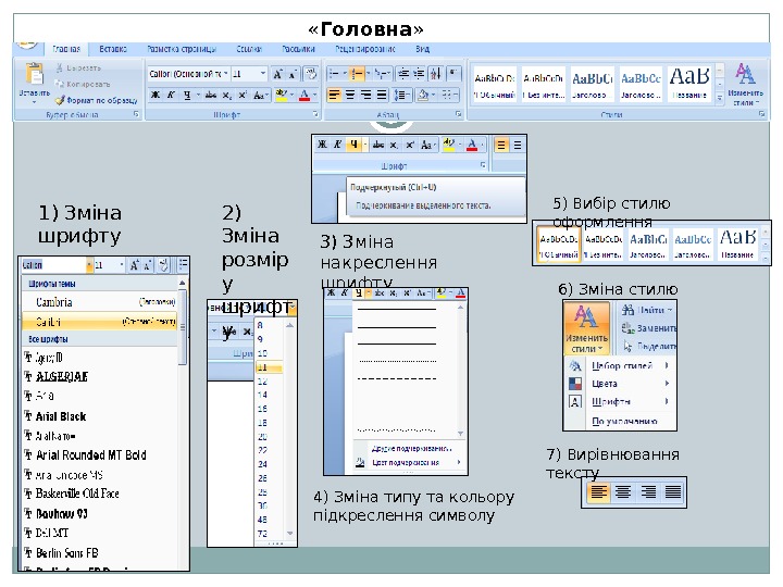  « Головна » 1) Зміна шрифту 2) Зміна розмір у шрифт у 3)