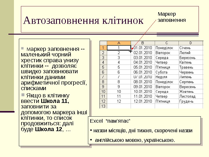   Автозаповнення клітинок М аркер заповнення -- маленький чорний хрестик справа унизу клітинки