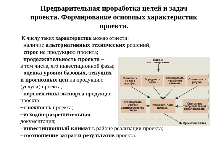 Предварительная проработка целей и задач проекта. Формирование основных характеристик проекта.  К числу таких