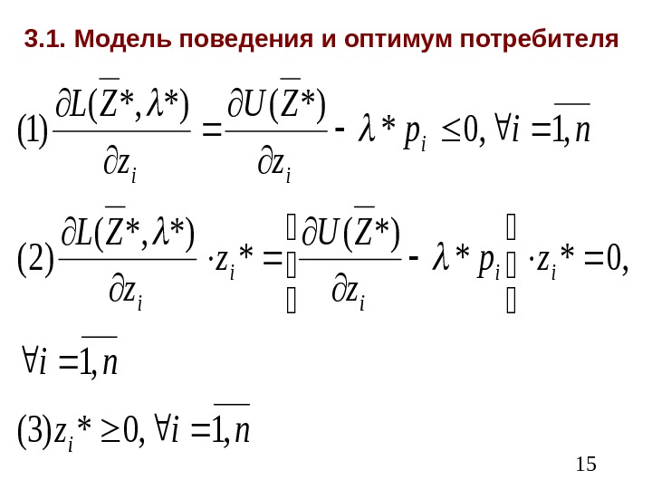  153. 1. Модель поведения и оптимум потребителяniz ni zp z ZU z z