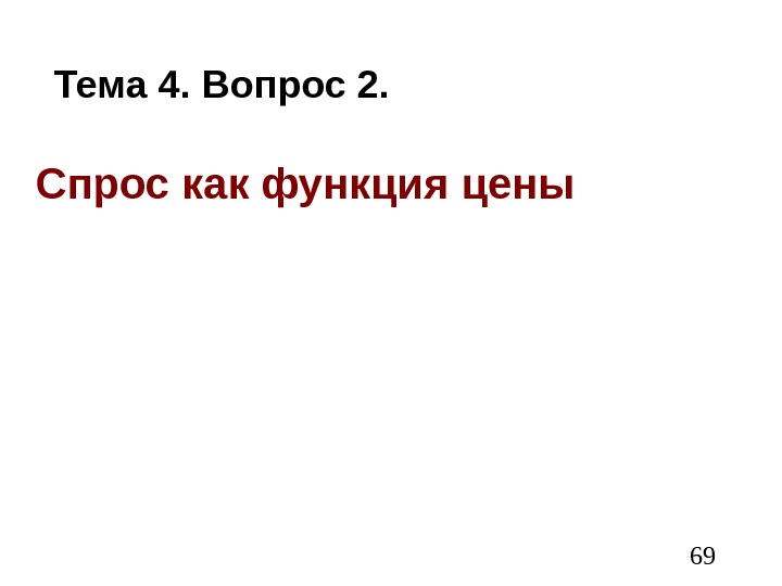  69 Спрос как функция цены Тема 4. Вопрос 2. 