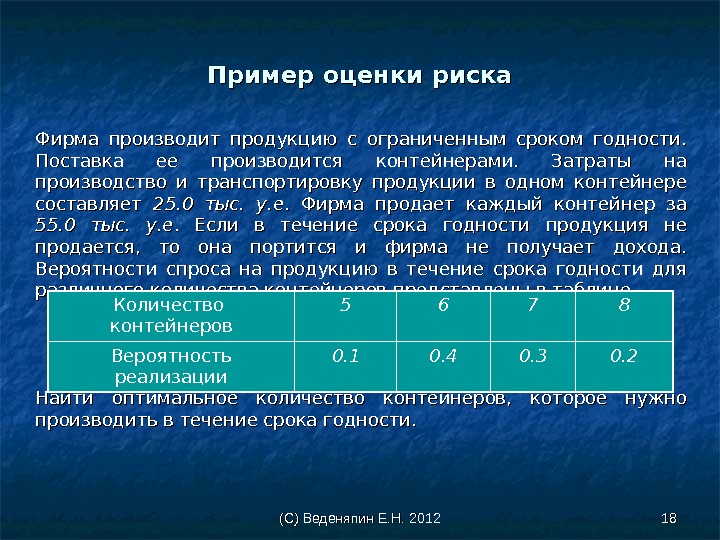 (С) Веденяпин Е. Н. 2012 1818 Пример оценки риска Фирма производит продукцию с ограниченным