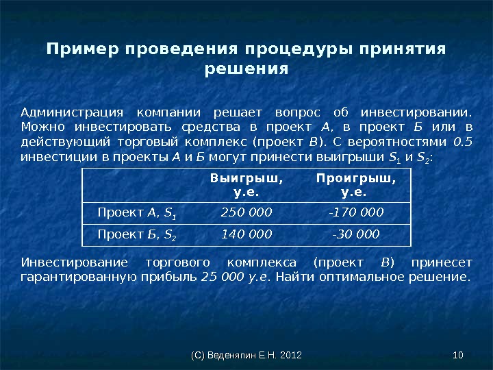 (С) Веденяпин Е. Н. 2012 1010 Пример проведения процедуры принятия решения Администрация компании решает