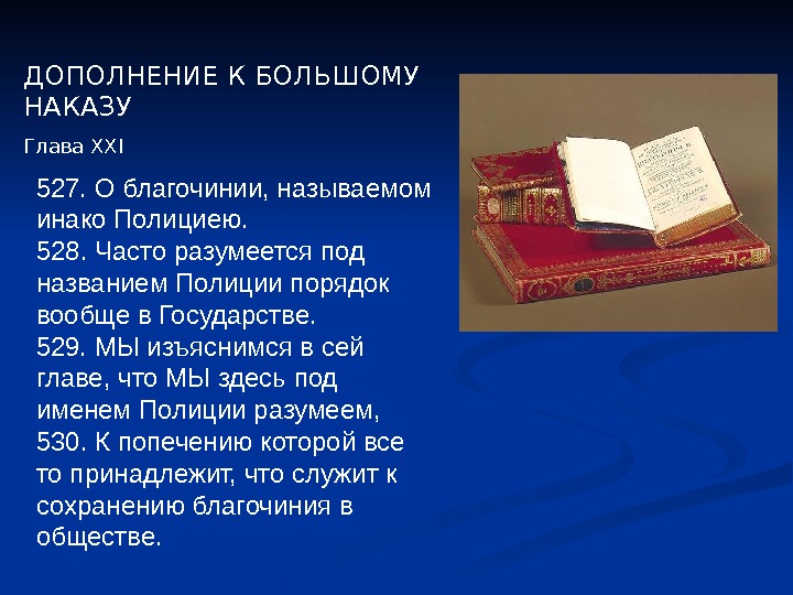 ДОПОЛНЕНИЕ К БОЛЬШОМУ НАКАЗУ Глава XXI 527. О благочинии, называемом инако Полициею.  528.