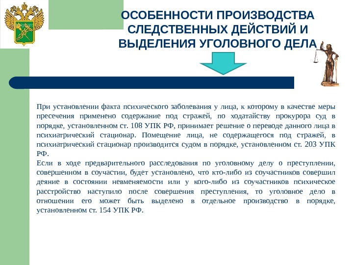 ОСОБЕННОСТИ ПРОИЗВОДСТВА СЛЕДСТВЕННЫХ ДЕЙСТВИЙ И ВЫДЕЛЕНИЯ УГОЛОВНОГО ДЕЛА При установлении факта психического заболевания у