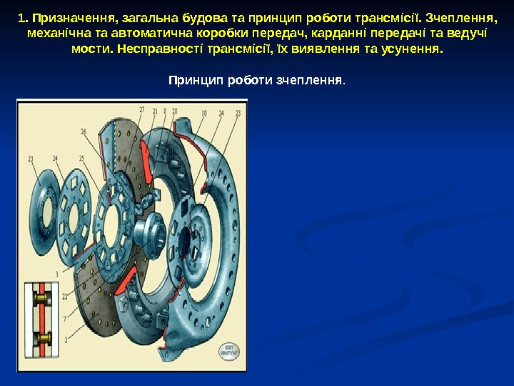 1. Призначення, загальна будова та принцип роботи трансмісії. Зчеплення,  механічна та автоматична коробки