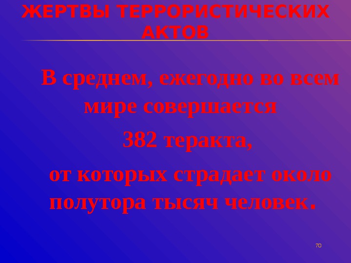 ЖЕРТВЫ ТЕРРОРИСТИЧЕСКИХ АКТОВ В среднем, ежегодно во всем мире совершается 382 теракта,  от