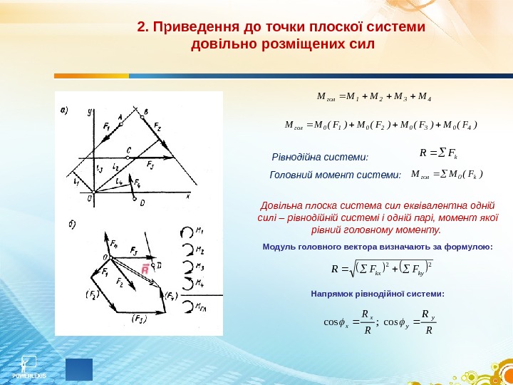 2. Приведення до точки плоскої системи довільно розміщених сил 4321 гол. МММММ )F(М)F(ММ 40302010