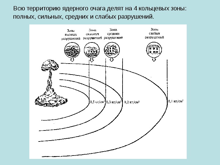 Всю территорию ядерного очага делят на 4 кольцевых зоны: полных, сильных, средних и слабых