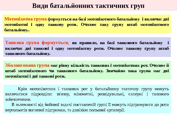 Види батальйонних тактичних груп  Крім мотопіхотних і танкових рот у батальйонну тактичну групу