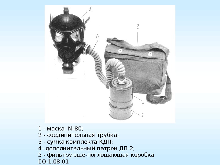 1 - маска М-80; 2 - соединительная трубка; 3 - сумка комплекта КДП; 