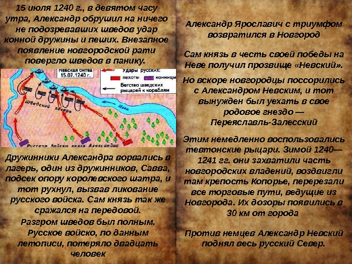 15 июля 1240 г. , в девятом часу утра, Александр обрушил на ничего не