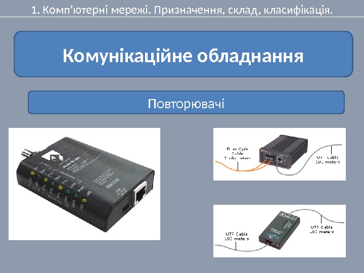 1. Комп’ютерні мережі. Призначення, склад, класифікація. Комунікаційне обладнання Повторювачі 