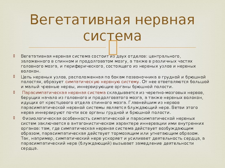  Вегетативная нервная система состоит из двух отделов: центрального,  заложенного в спинном и