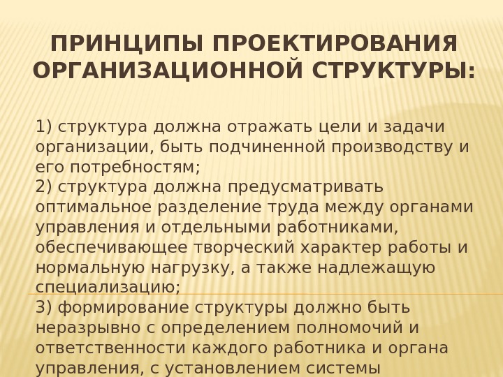 ПРИНЦИПЫ ПРОЕКТИРОВАНИЯ ОРГАНИЗАЦИОННОЙ СТРУКТУРЫ: 1) структура должна отражать цели и задачи организации, быть подчиненной