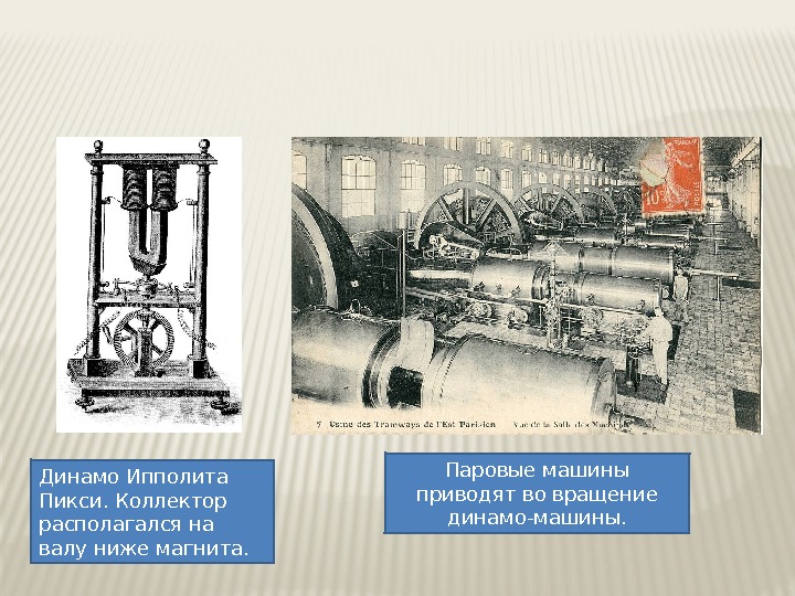 Динамо Ипполита Пикси. Коллектор располагался на валу ниже магнита. Паровые машины приводят во вращение