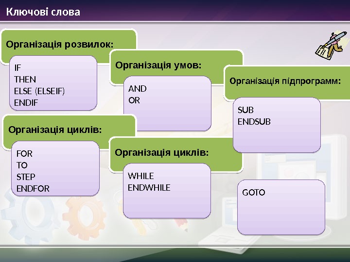 Ключові слова Організація розвилок: IF THEN ELSE (ELSEIF) ENDIF Організація умов: AND OR Організація