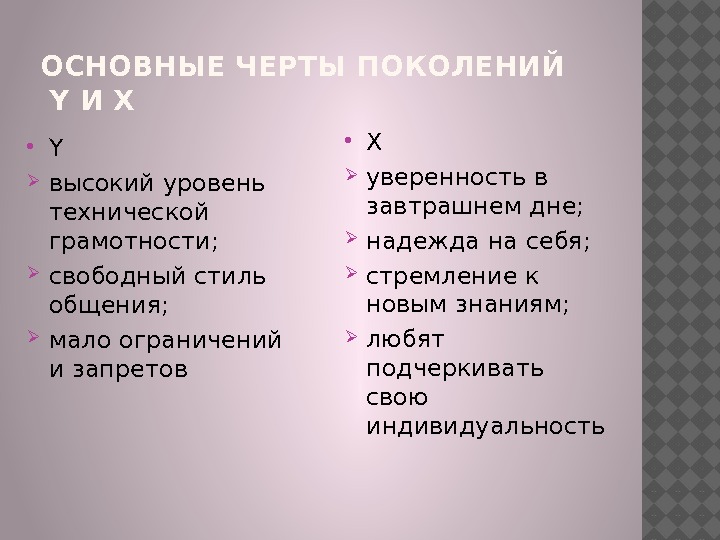 ОСНОВНЫЕ ЧЕРТЫ ПОКОЛЕНИЙ  Y И X X уверенность в завтрашнем дне ; 