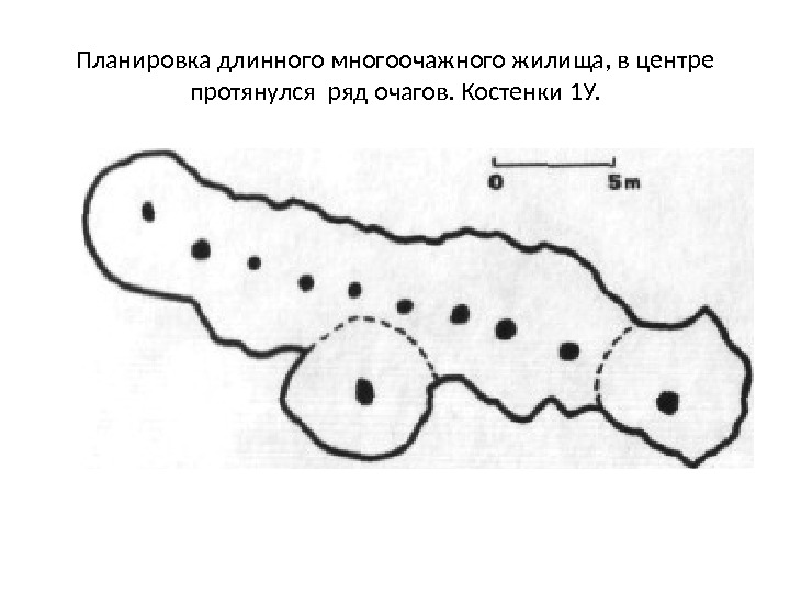 Планировка длинного многоочажного жилища, в центре протянулся ряд очагов. Костенки 1 У. 