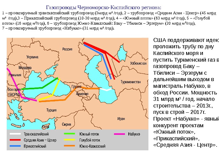 Газопроводы Черноморско-Каспийского региона:  1 – проектируемый транскаспийский трубопровод (3 млрд м 3 /год),
