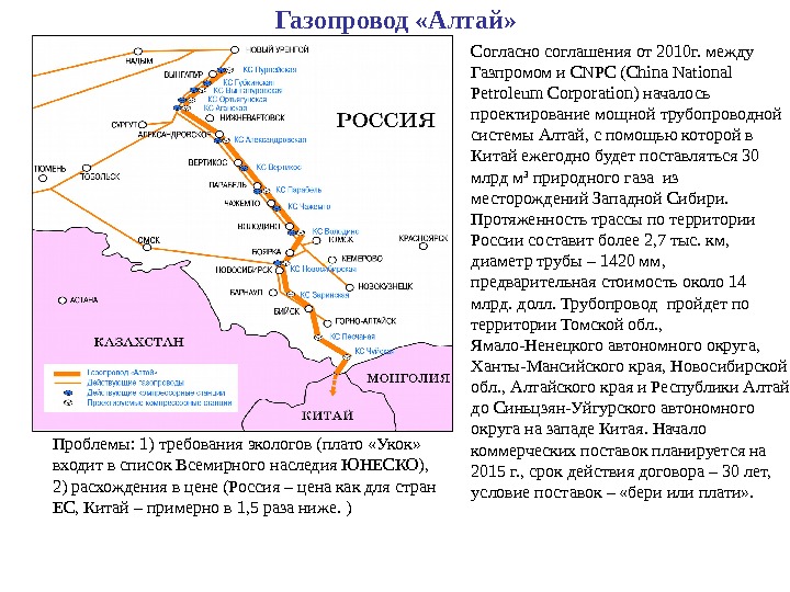 Газопровод «Алтай» Согласно соглашения от 2010 г. между Газпромом и CNPC ( China National