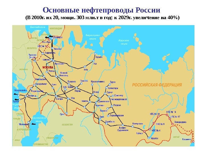 Основные нефтепроводы России  (В 2010 г. их 20, мощн. 303 млн. т в