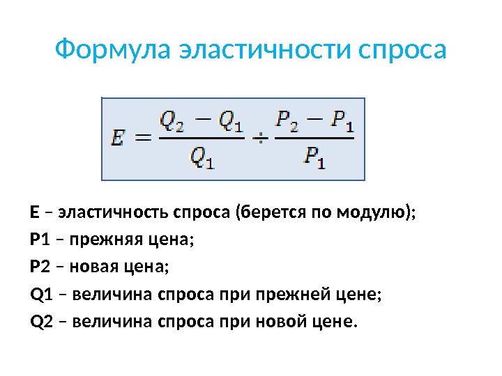 Формула эластичности спроса E – эластичность спроса (берется по модулю); Р 1 – прежняя