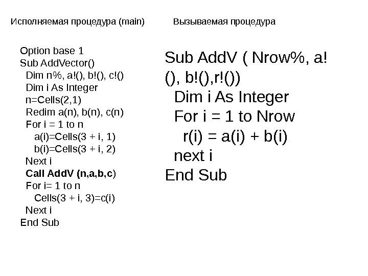   Option base 1 Sub Add. Vector()  Dim n, a!(), b!(), c!()