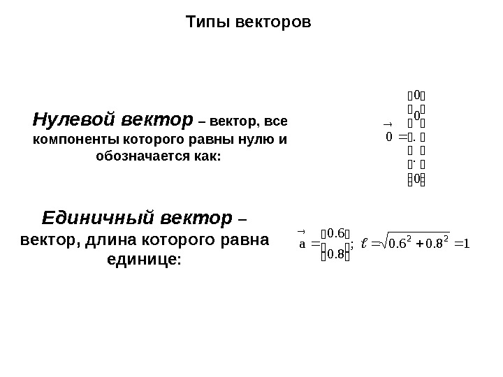   Типы векторов Нулевой вектор – вектор, все компоненты которого равны нулю и